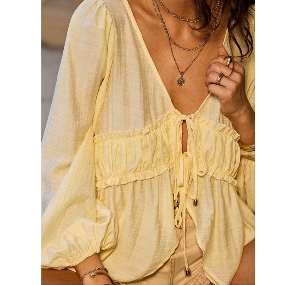 Light Yellow Tie Front Ruffle Detail Long Lantern Sleeve Blouse Shirt V-Neck - Picture 3 of 13
